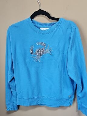 Lilly Pulitzer Bright Blue Crewneck Sweater with Sparkle Crab Motif Runs Large